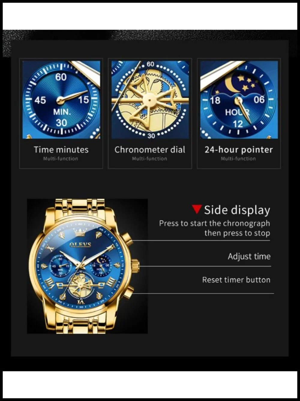Luxury Waterproof Big Face Stainless Steel Multifunction Mens Watch